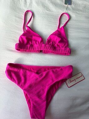 Bright Pink Textured Triangle Bikini Set - Unbranded